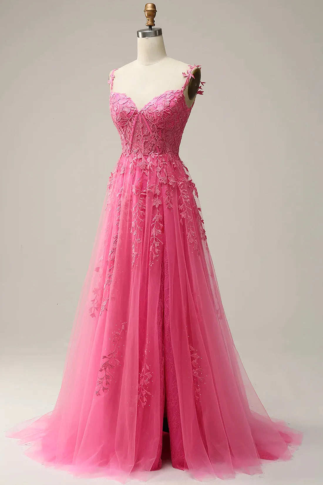 Hot Pink Lace Long Prom Dress Spaghetti Strap Evening Dress Party Dress