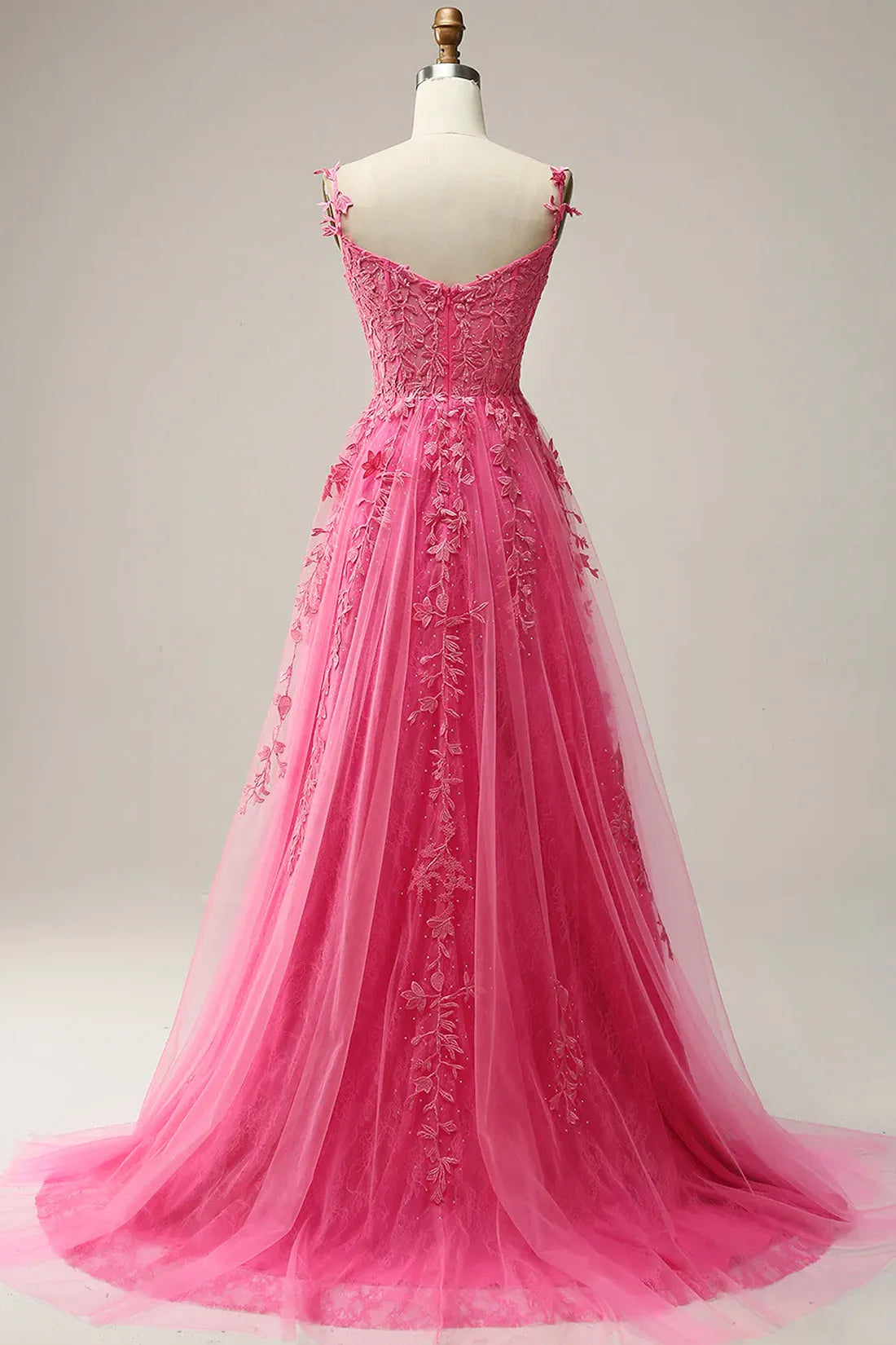 Hot Pink Lace Long Prom Dress Spaghetti Strap Evening Dress Party Dress