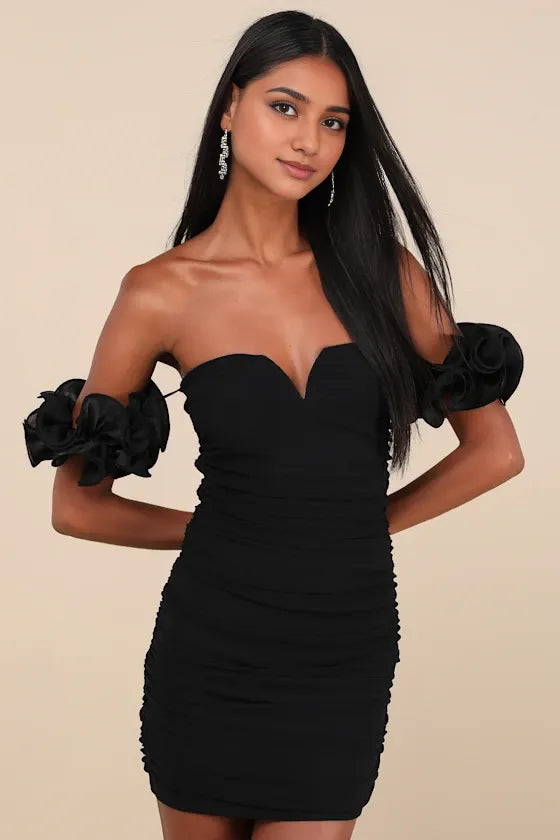 Hot Pink Mesh Ruched Off-the-Shoulder Homecoming Dresses