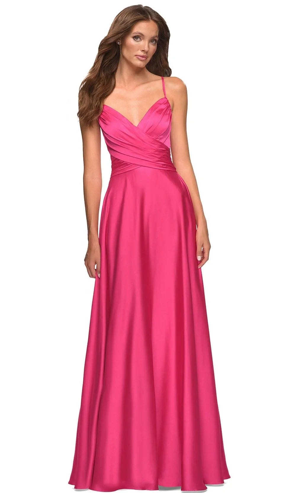 Hot Pink Satin Evening Dress with Cross Wrap Bodice Spaghetti Straps Side Slit and Pockets for Glamorous Occasions