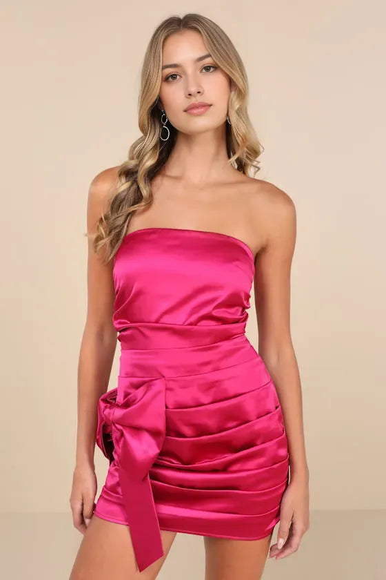Hot Pink Satin Homecoming Dress Strapless Ruched Design  Bow Accent  Steal the Show at Your School Dance Like a Glam Queen