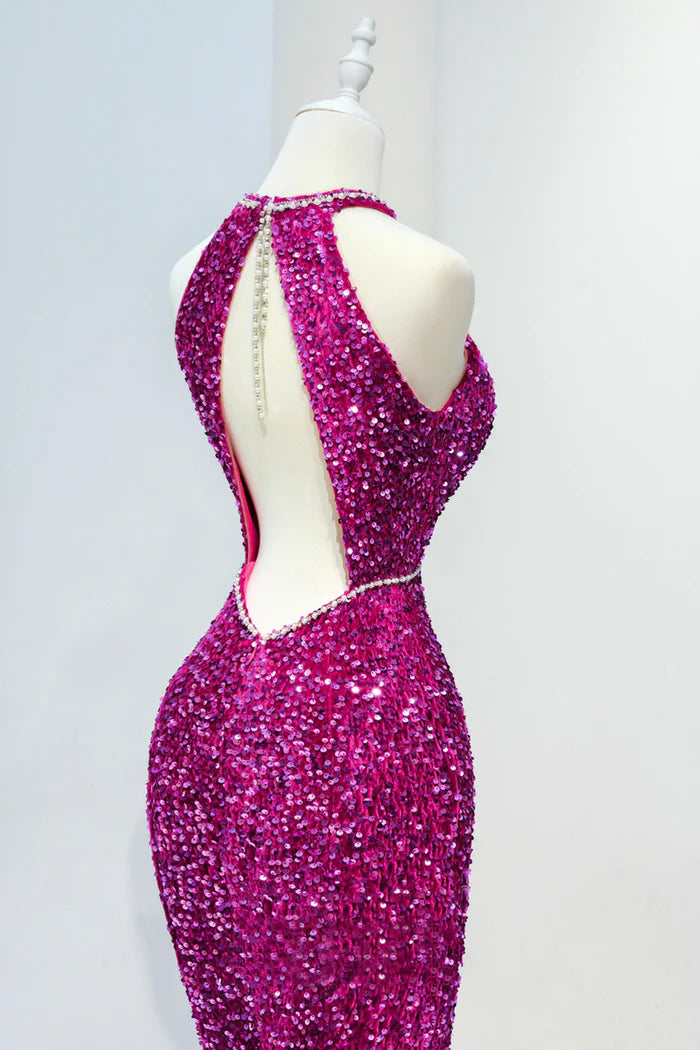 Hot Pink Sequins Long Prom Dress Mermaid Backless Evening Dress
