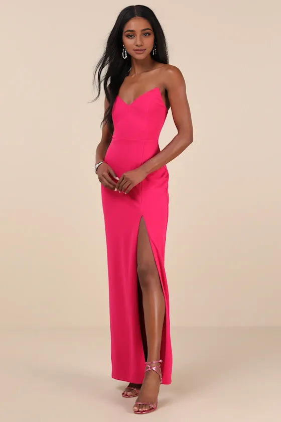 Hot Pink Strapless Column Evening Dresses