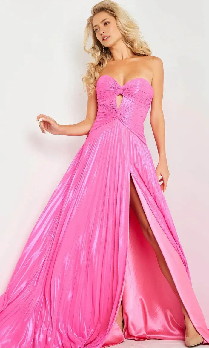 Hot Pink Strapless Prom Dress with Bow Front Cutout Pleated Skirt High Side Slit for Glamorous Evening Events
