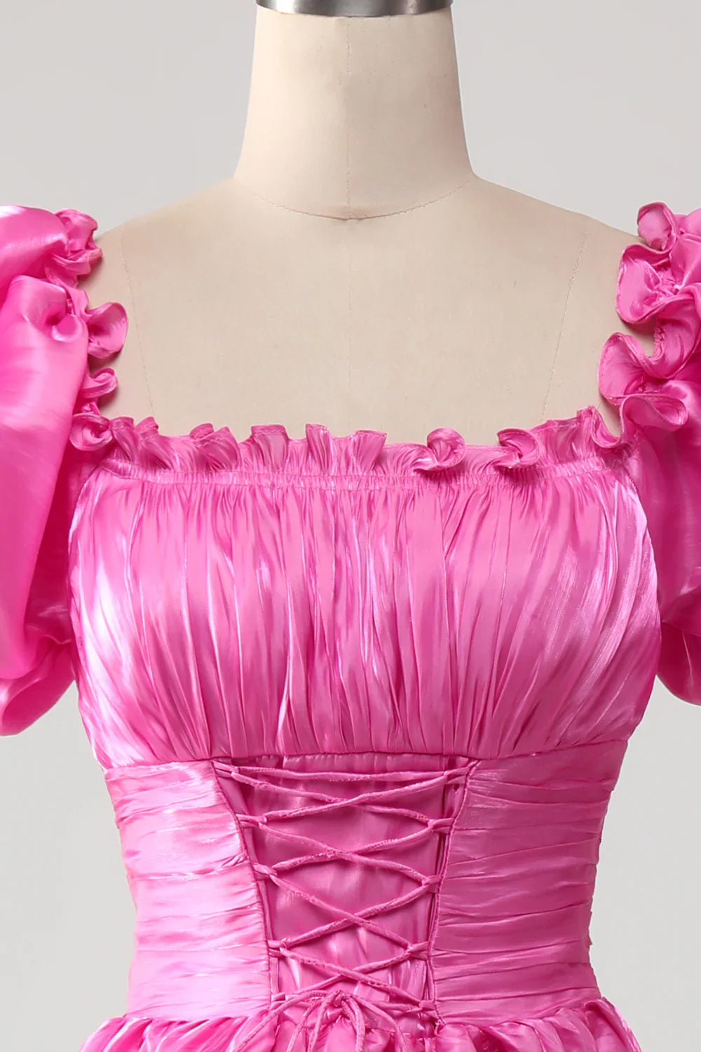 DingJiDress Puff Sleeves Hot Pink Prom Dress with Ruffles
