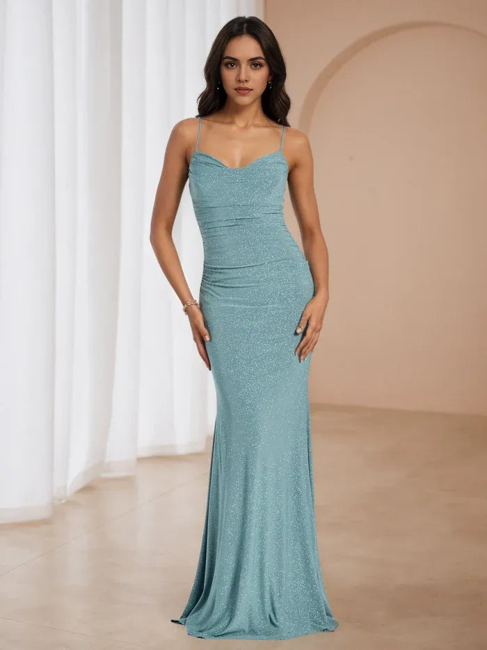 Ice Blue Glitter Mermaid Prom Dress Spaghetti Straps Ruched Bodice Chic Elegance for Formal Galas
