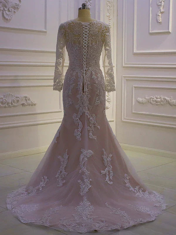 DingJiDress Long Sleeve V Neck Lace Up Back Mermaid Wedding Dresses