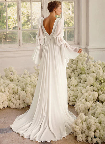 Illusion Neck Long Sleeves Chic A-line Chiffon Elegant Wedding Dresses Pleated