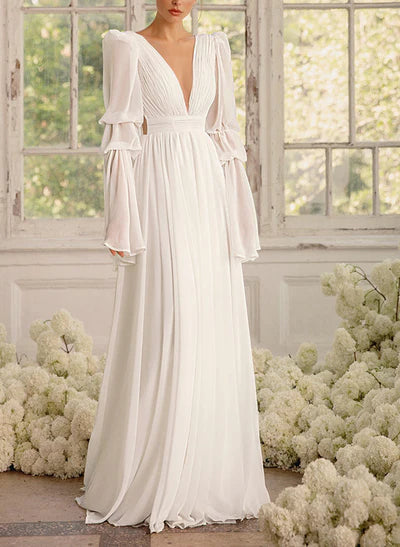 Illusion Neck Long Sleeves Chic A-line Chiffon Elegant Wedding Dresses Pleated
