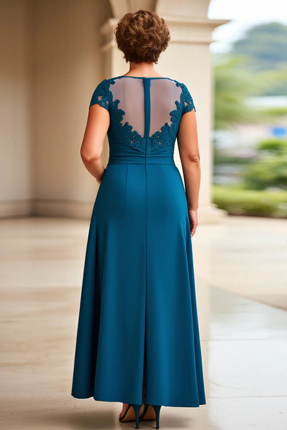 Ink Blue Sheath Chiffon Boat Neck Long Mother of the Bride Dress