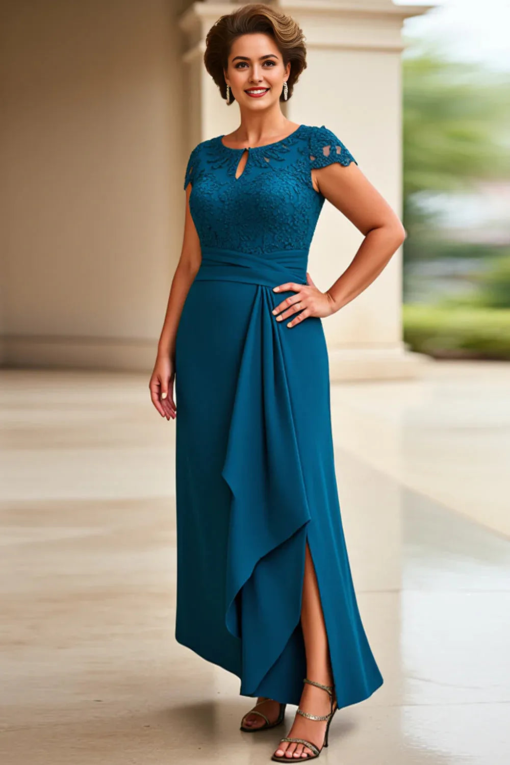 Ink Blue Sheath Chiffon Boat Neck Long Mother of the Bride Dress