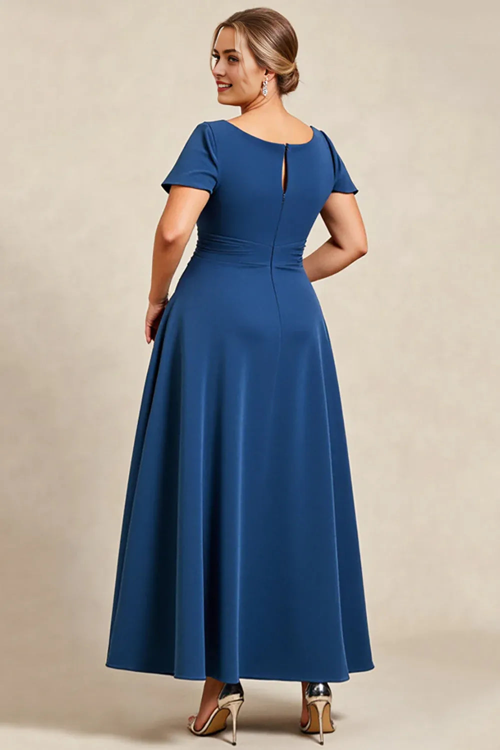 Ink Blue Square Neck Plus Size Long Mother of the Bride Dress with Sleeves