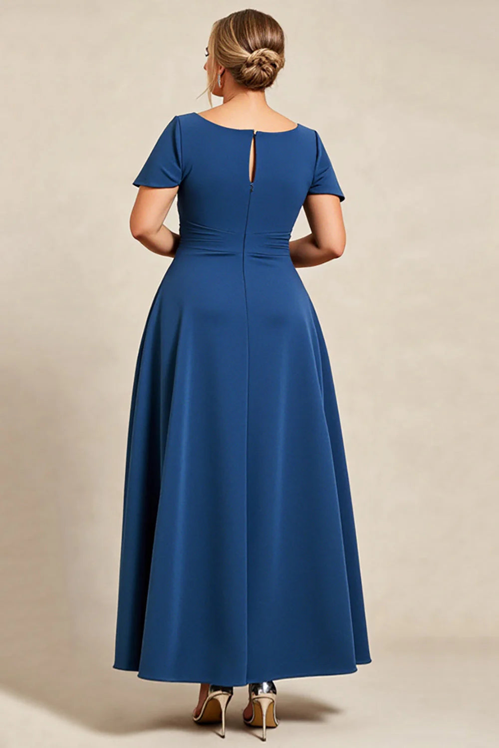 Ink Blue Square Neck Plus Size Long Mother of the Bride Dress with Sleeves