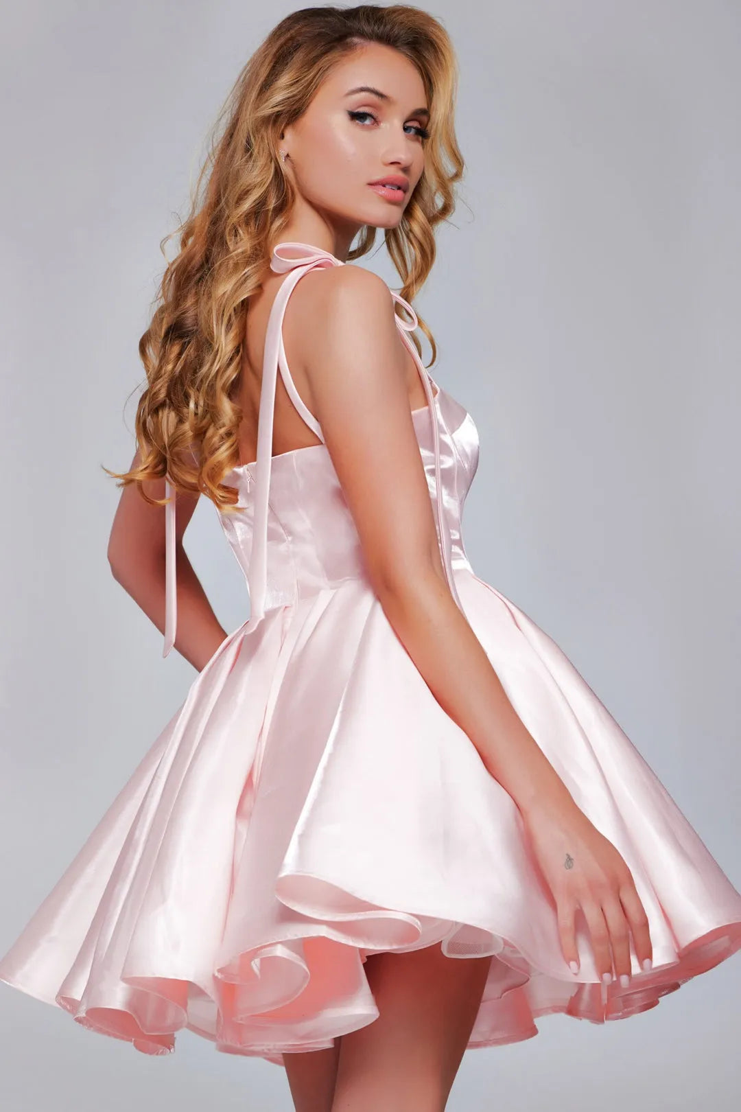 Inspired Blush Homecoming Dress Sweetheart Neckline Bow Straps Flowy Satin Skirt