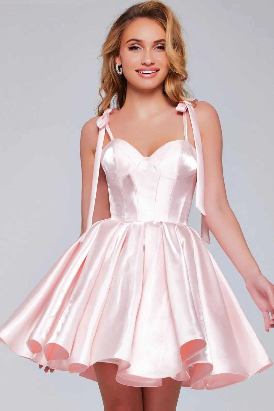 Inspired Blush Homecoming Dress Sweetheart Neckline Bow Straps Flowy Satin Skirt