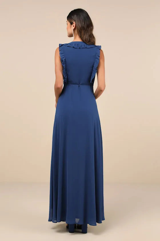 Inspired Navy Blue Chiffon Evening Dress with Ruffled V - Neck Tie - Waist Detail Sleeveless  Timeless Sexy Chiffon for Women