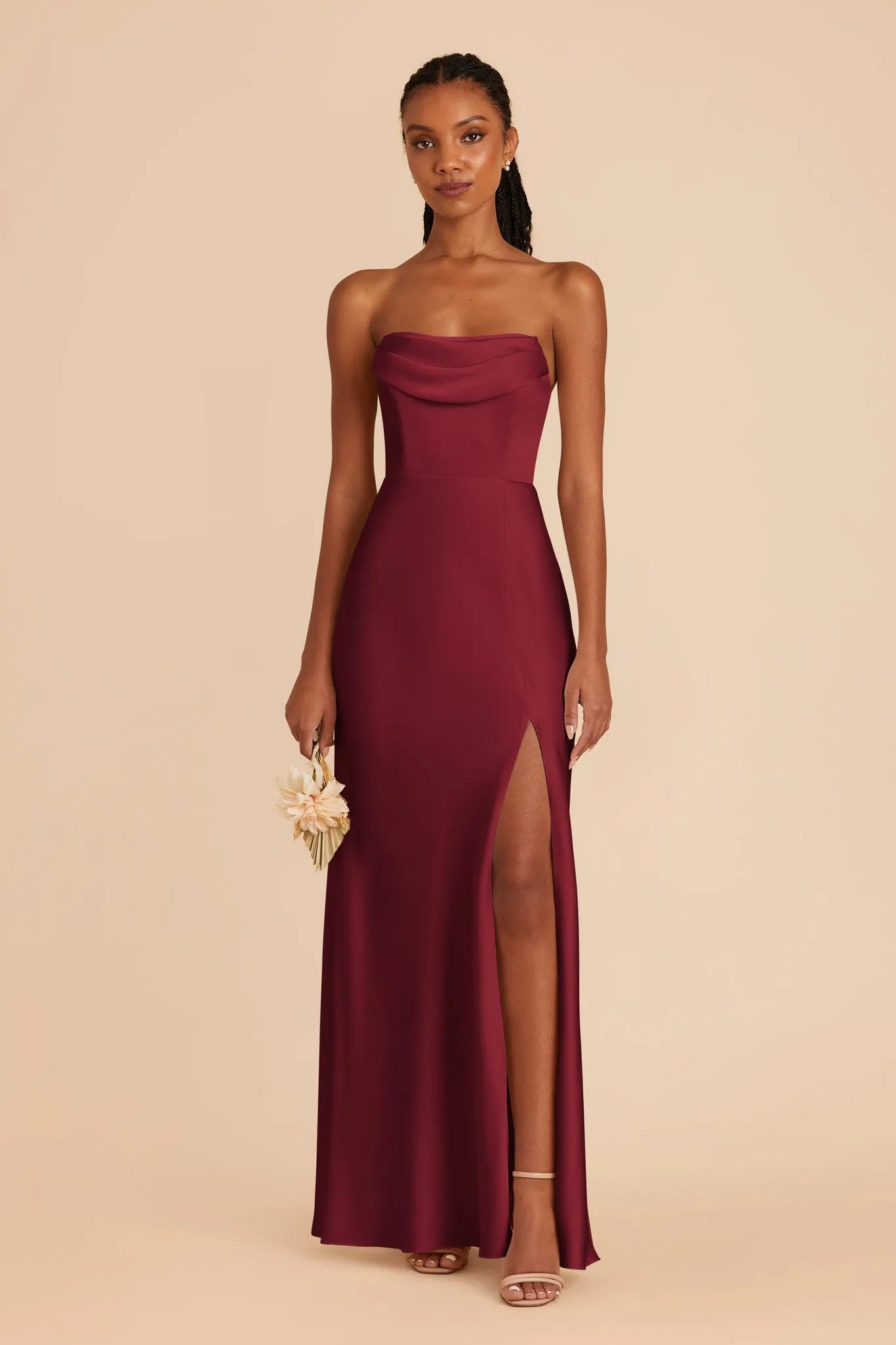 Burgundy Satin Strapless Prom Dress Cowl Neck Subtle Side Slit for Whimsical Forest - Themed Gala Evenings