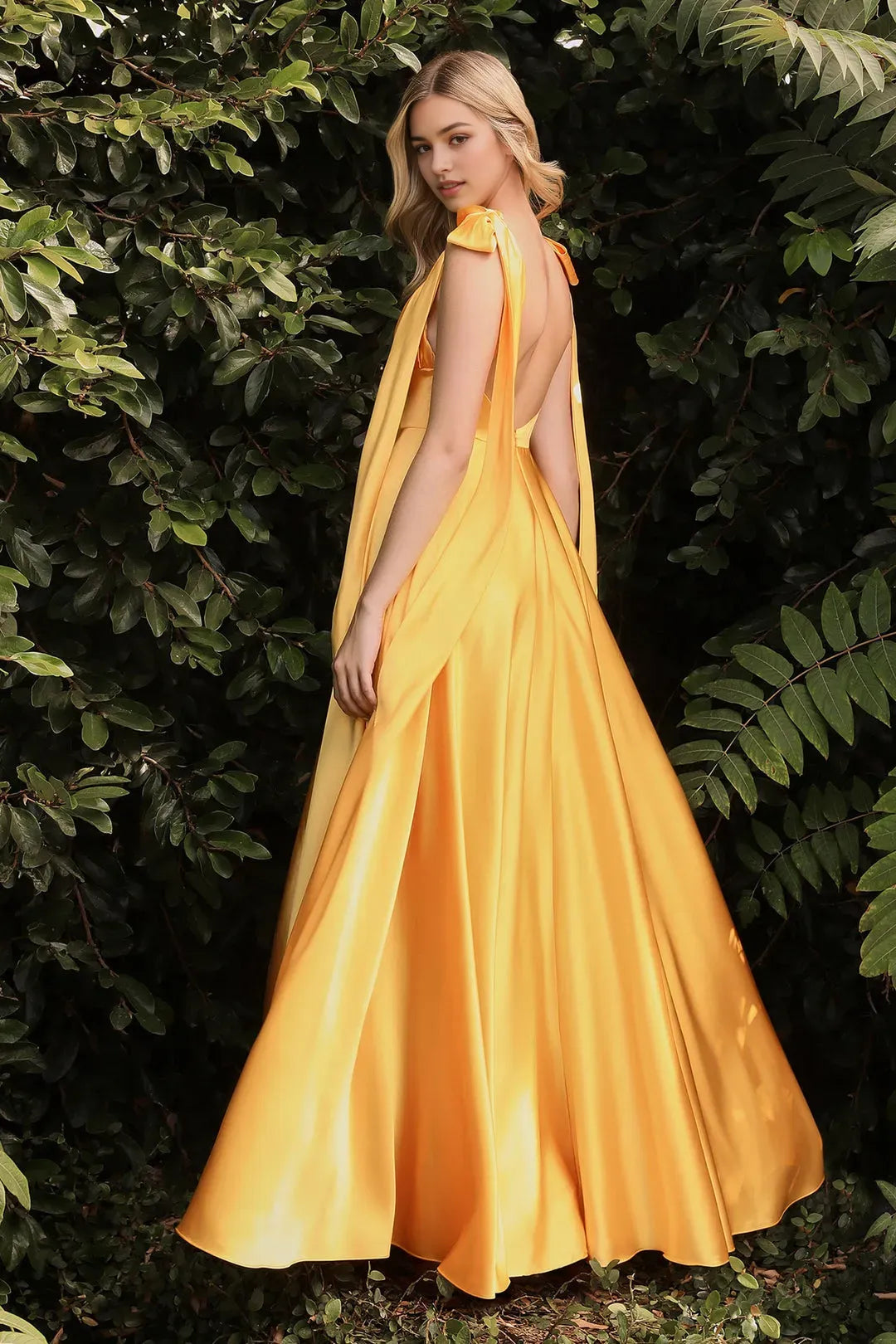 Inspired Yellow Satin Prom Gown with Bow Tied Straps Ruched Bodice A Radiant Choice for Enchanting Evenings