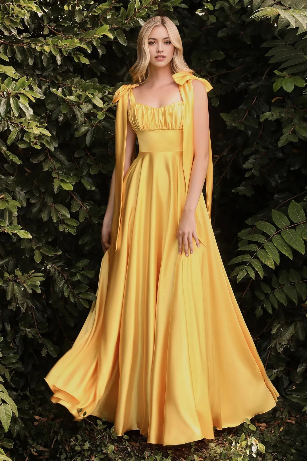 Inspired Yellow Satin Prom Gown with Bow Tied Straps Ruched Bodice A Radiant Choice for Enchanting Evenings