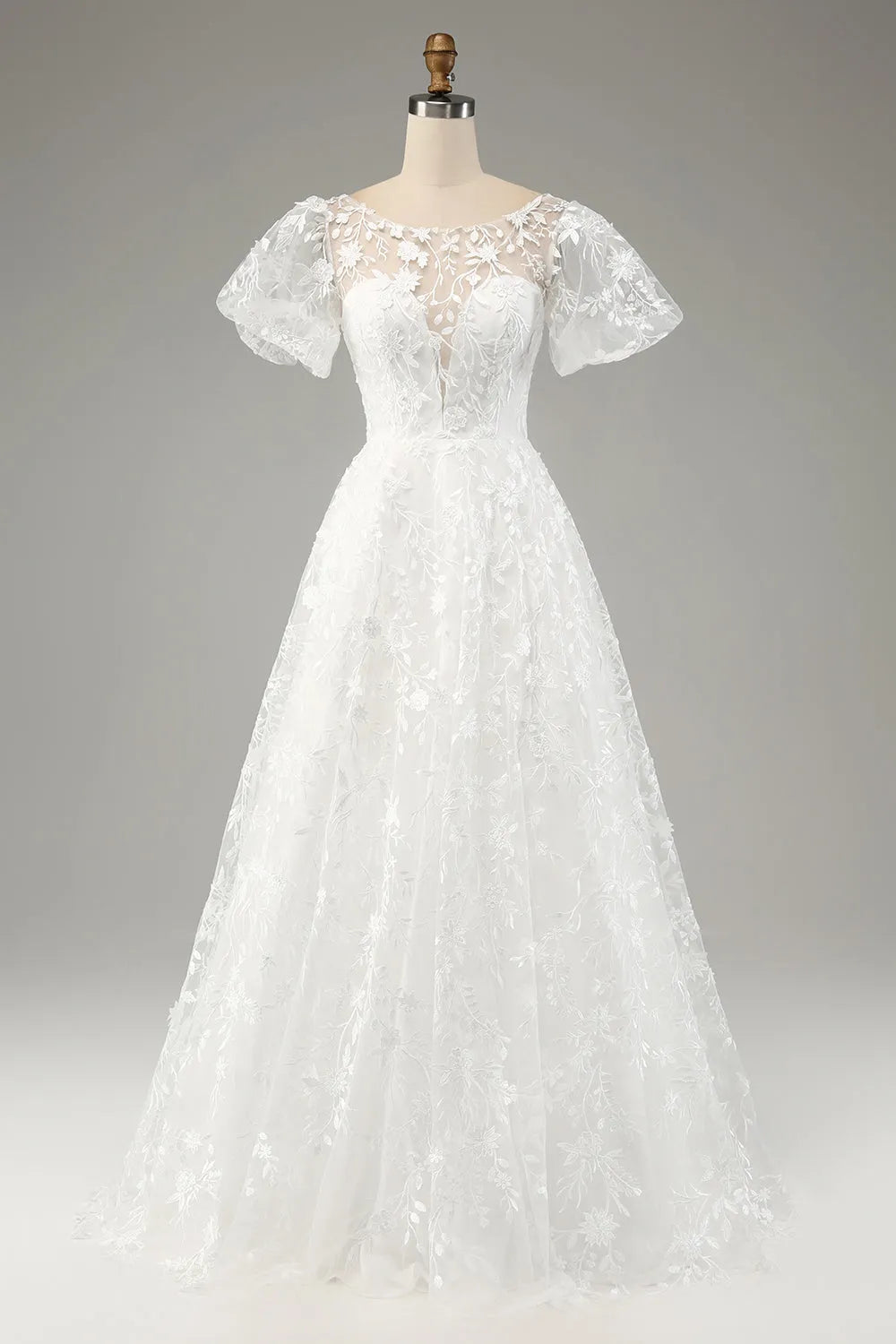 Ivory A-Line Puff Sleeves Wedding Dress with Appliques