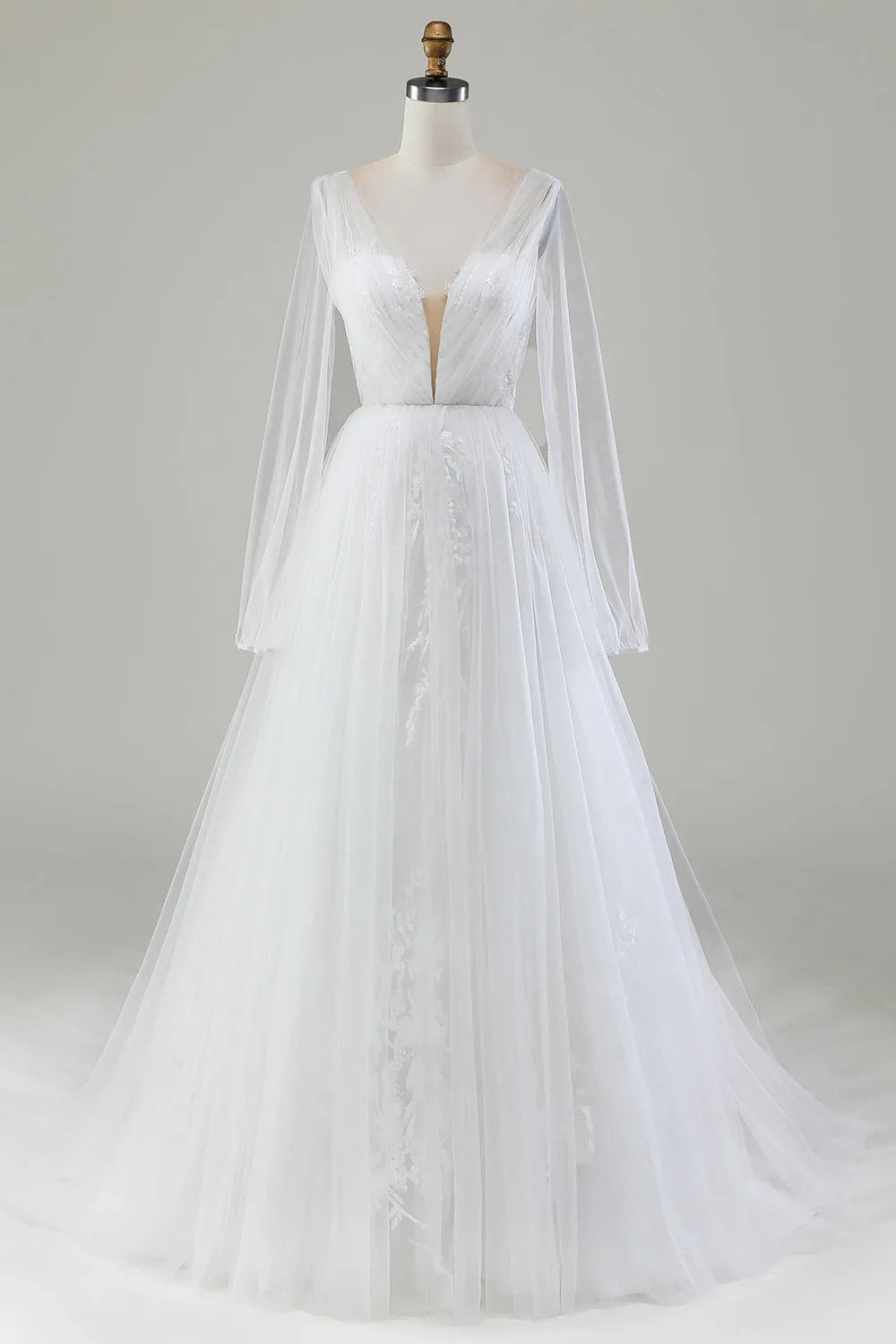 Ivory A-Line V-Neck Pleated Tulle Wedding Dress With Long Sleeves