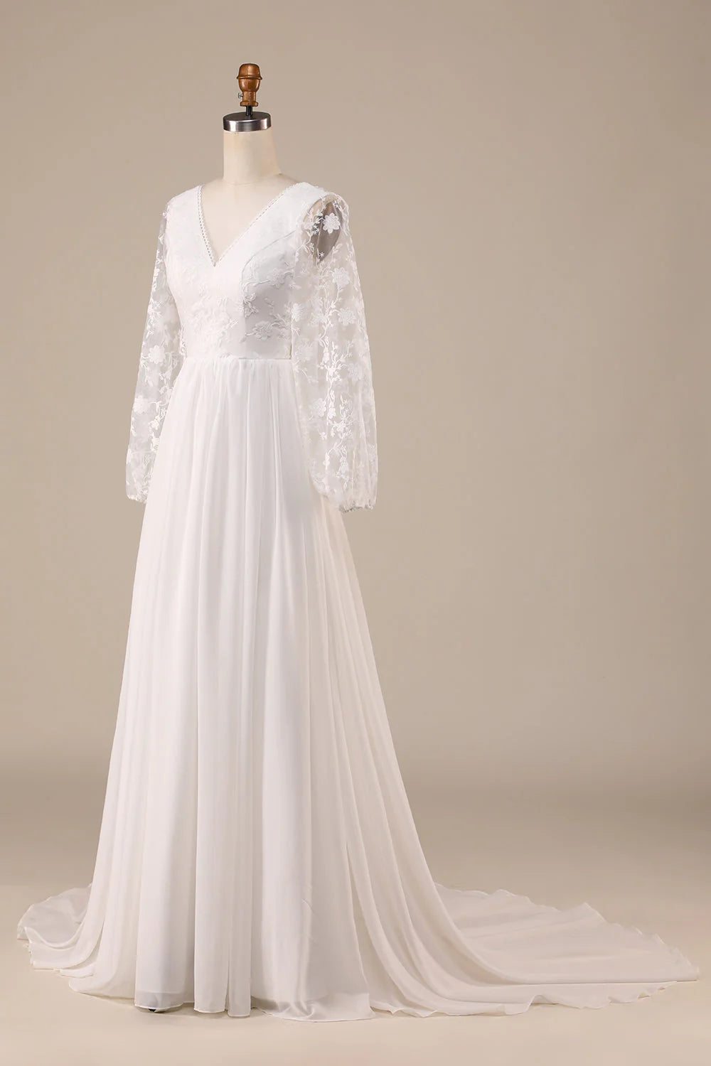Ivory Chiffon Sweep Train Wedding Dress with Lace