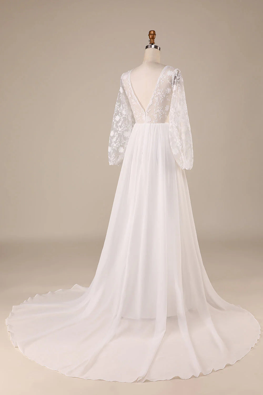 Ivory Chiffon Sweep Train Wedding Dress with Lace