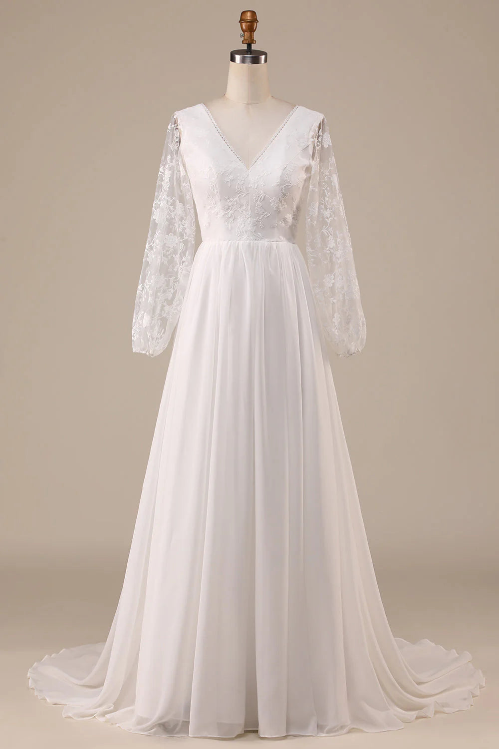 Ivory Chiffon Sweep Train Wedding Dress with Lace
