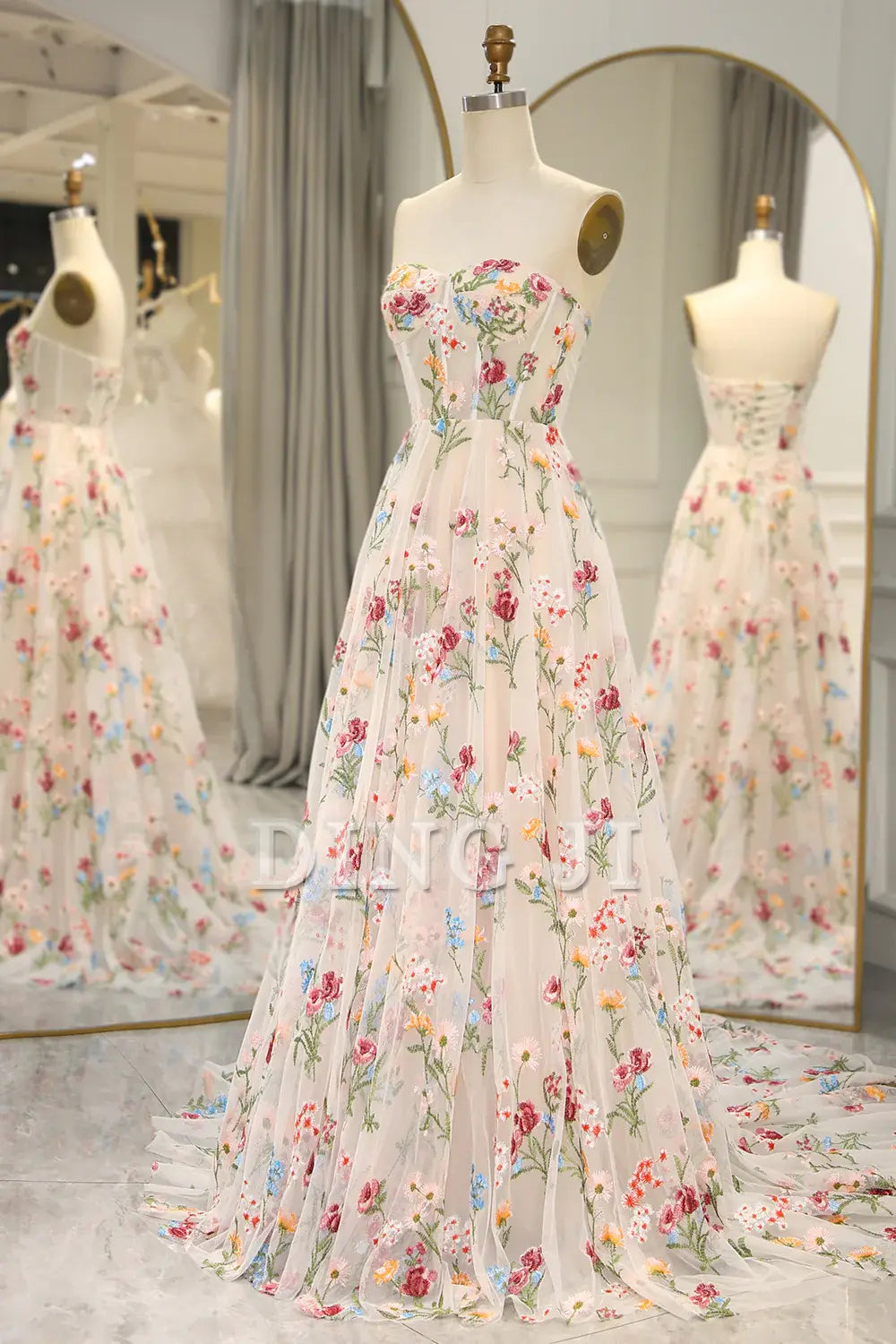 DingJiDress Prom Dress A-Line Sweetheart Long Corset Tulle Flower Formal Women's Dresses Wedding Guests Dresses