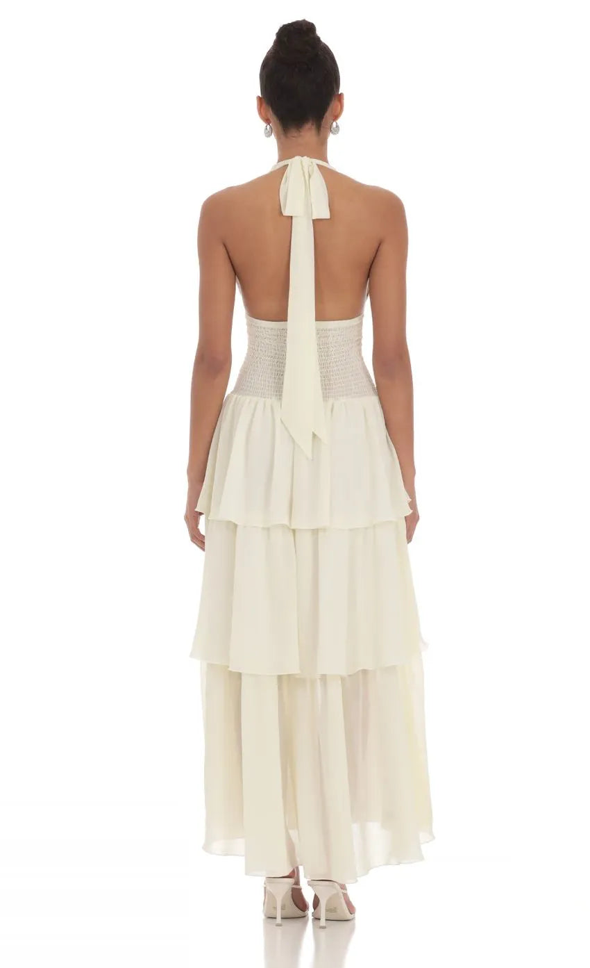 Ivory Halter Neck Prom Dress with Deep V Neckline Smocked Waistband Tiered Ruffle Skirt and High Thigh Slit for a Romantic Formal Look