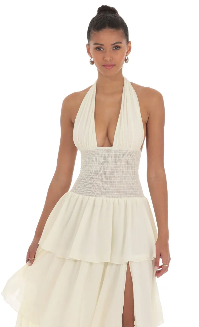 Ivory Halter Neck Prom Dress with Deep V Neckline Smocked Waistband Tiered Ruffle Skirt and High Thigh Slit for a Romantic Formal Look
