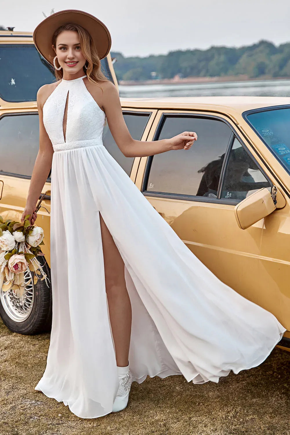 Ivory Lace Chiffon Halter Wedding Dress With Slit