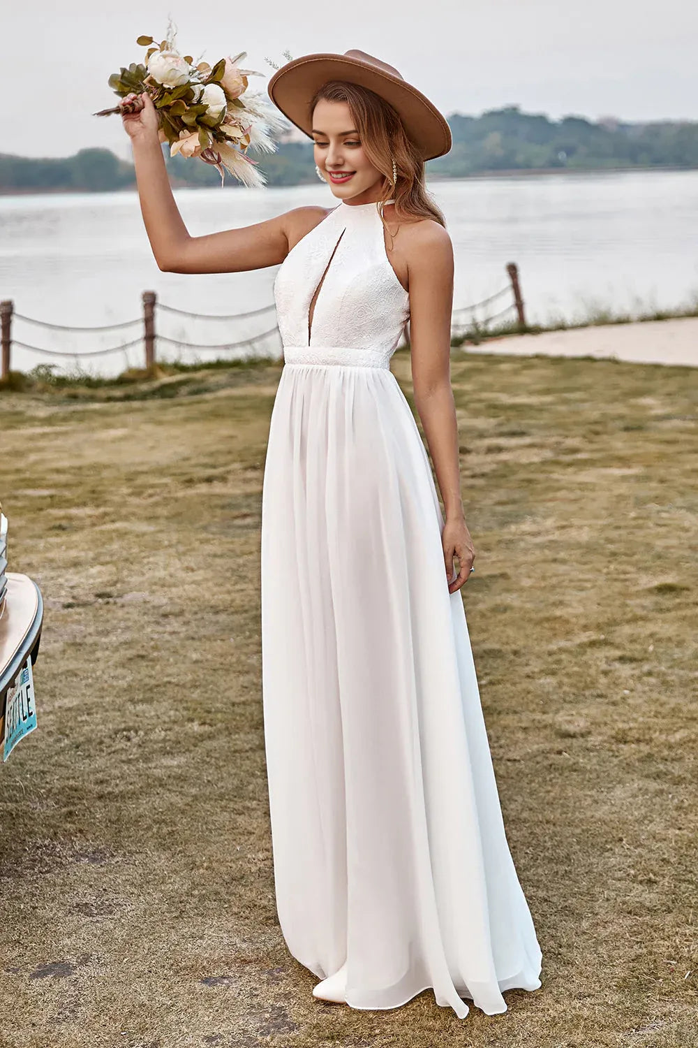 Ivory Lace Chiffon Halter Wedding Dress With Slit