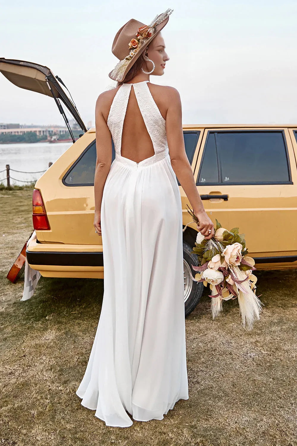 Ivory Lace Chiffon Halter Wedding Dress With Slit