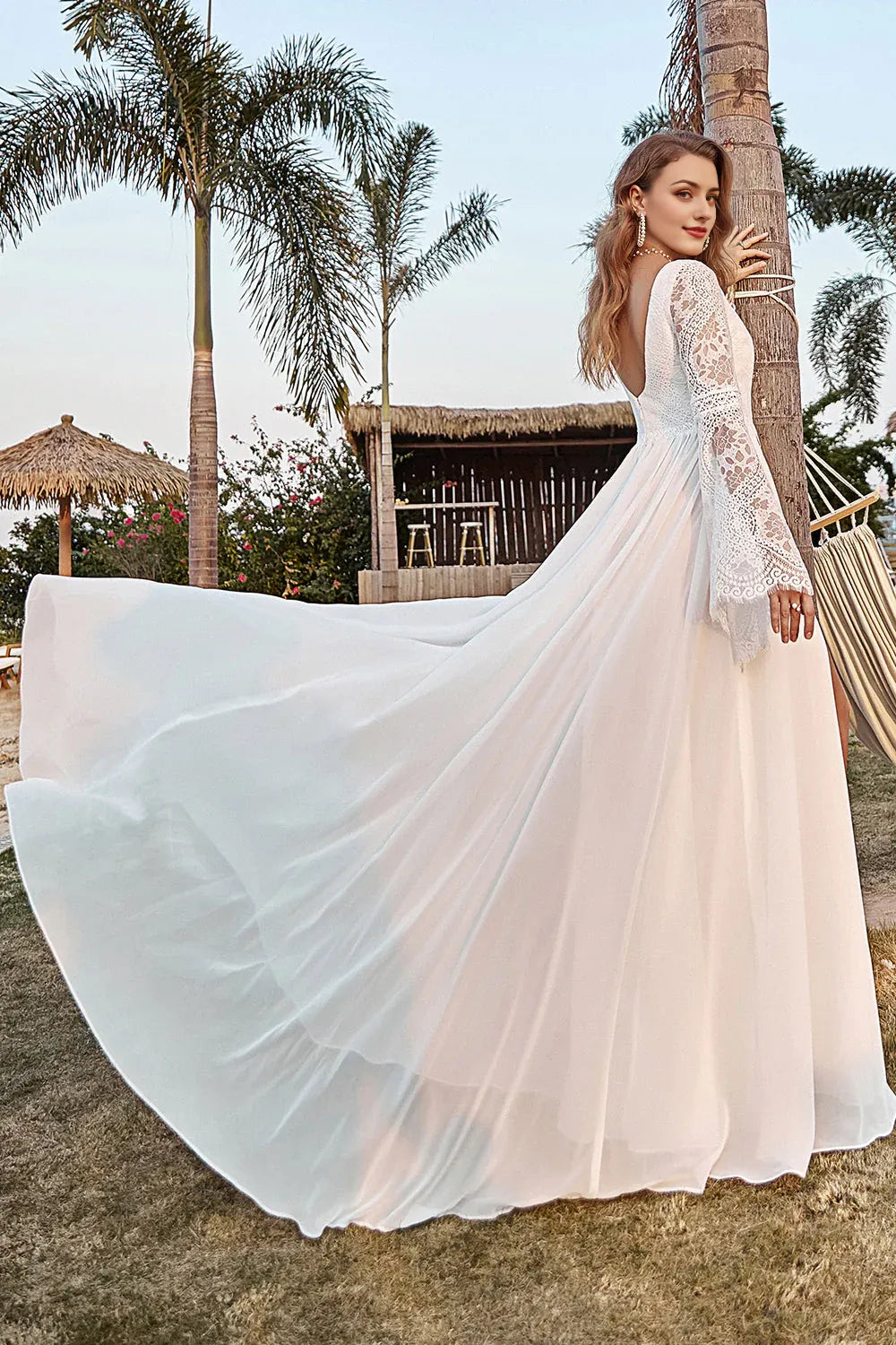Ivory Lace Chiffon Trumpet Sleeve Wedding Dress
