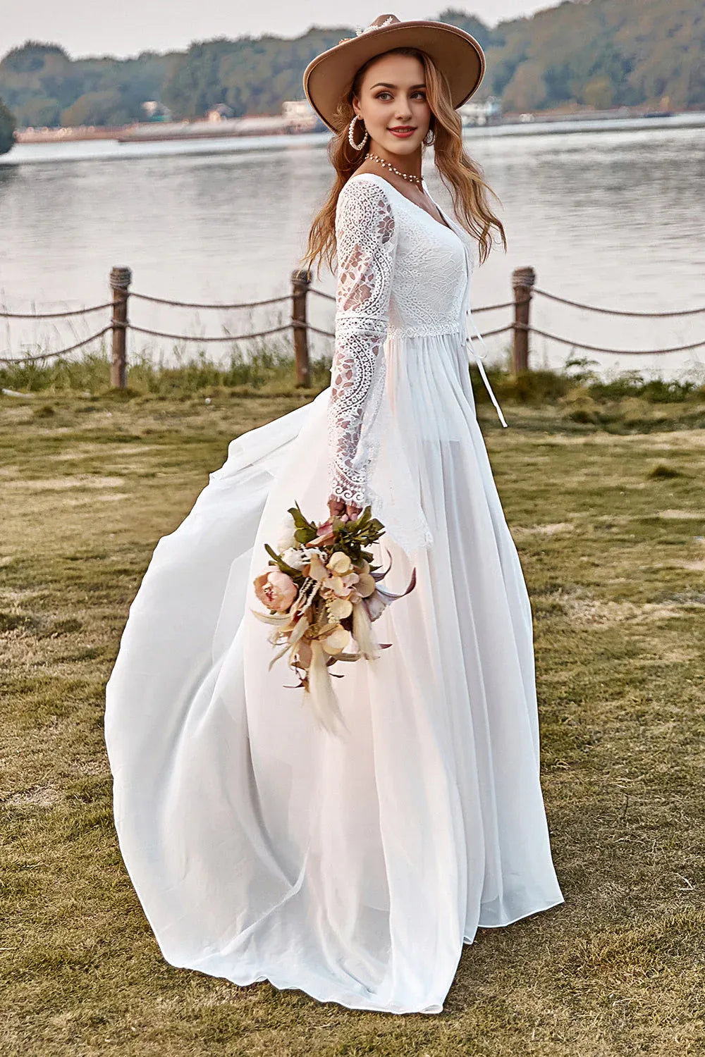 Ivory Lace Chiffon Trumpet Sleeve Wedding Dress