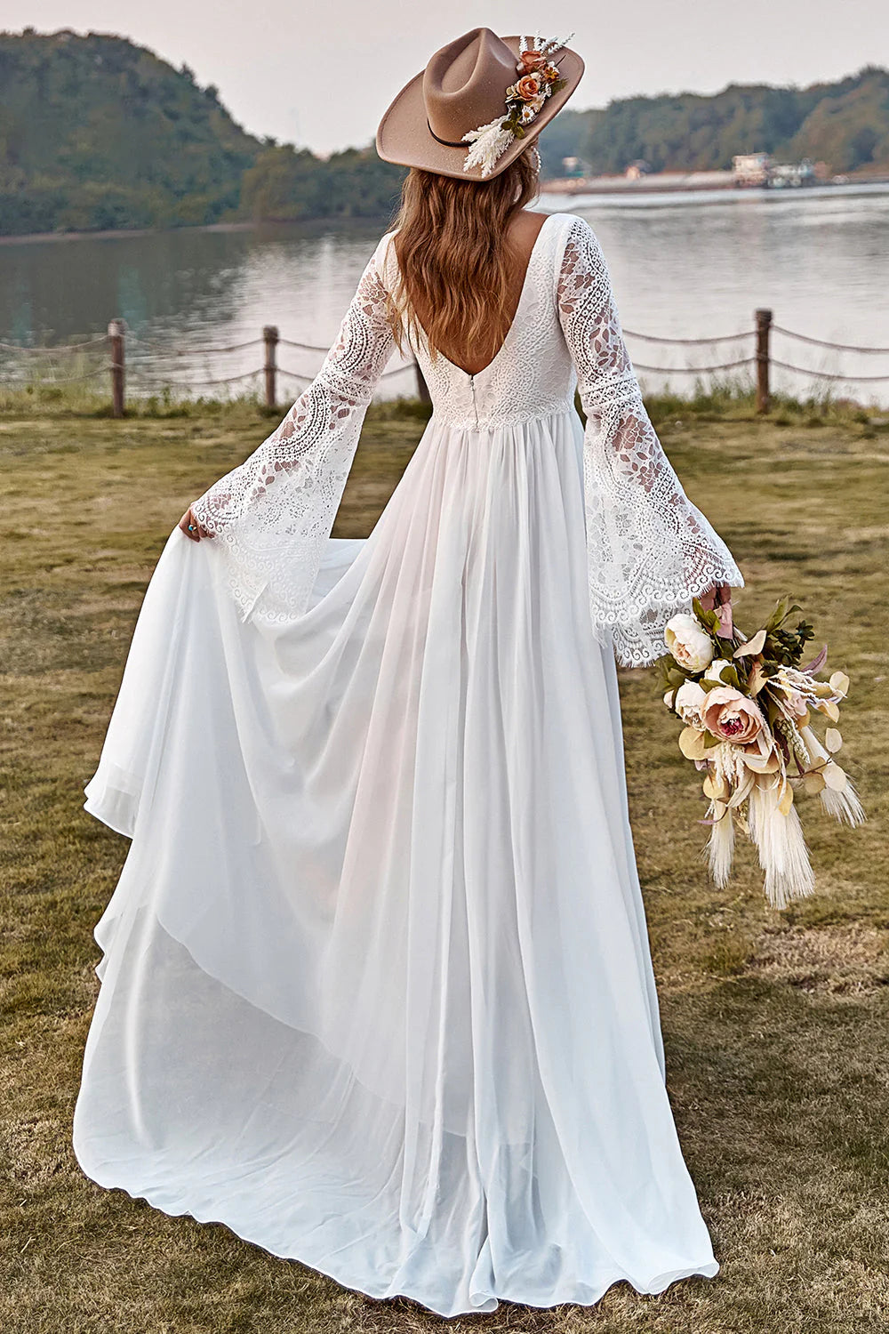 Ivory Lace Chiffon Trumpet Sleeve Wedding Dress