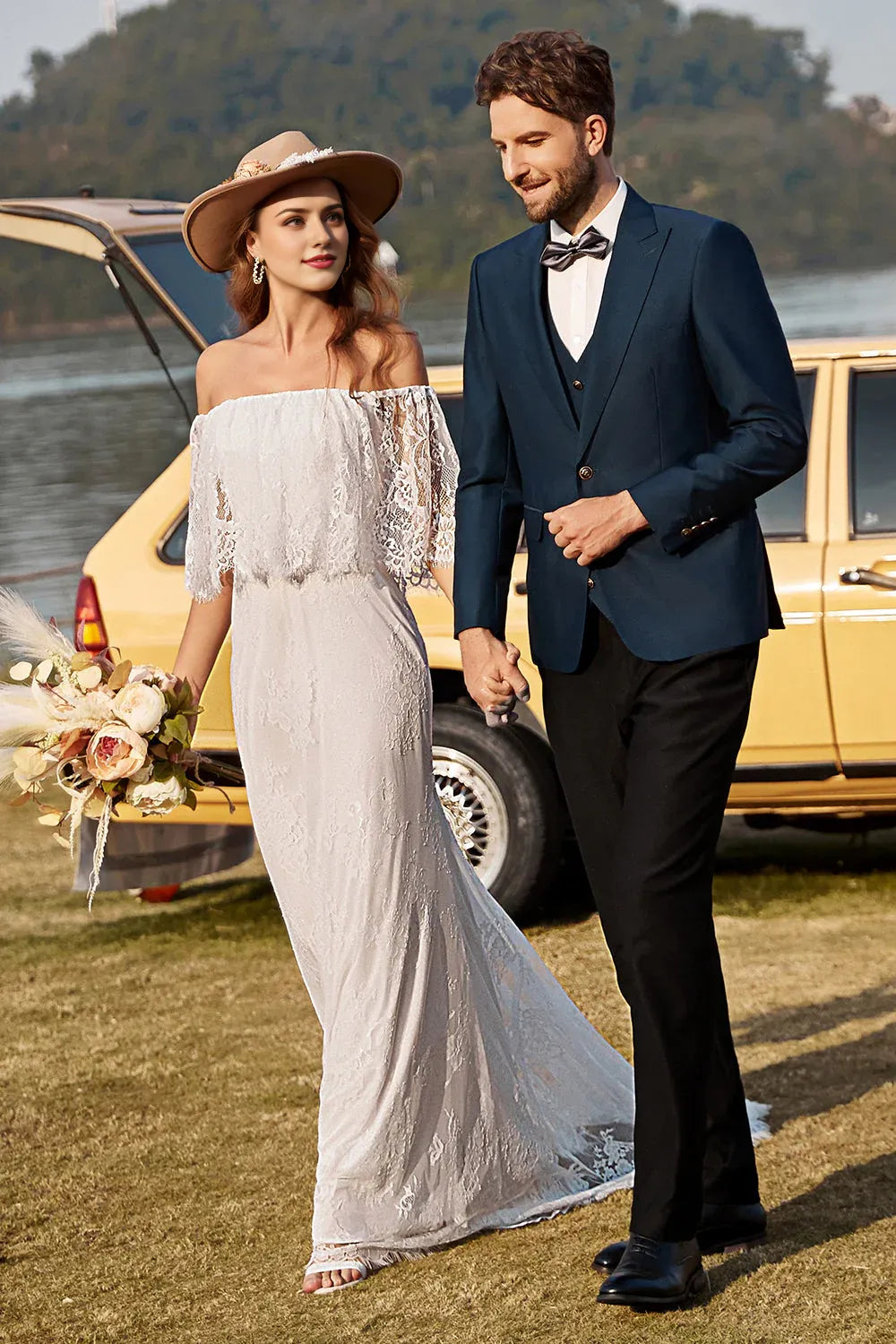 Ivory Mermaid Off The Shoulder Lace Wedding Dress With Sweep Train