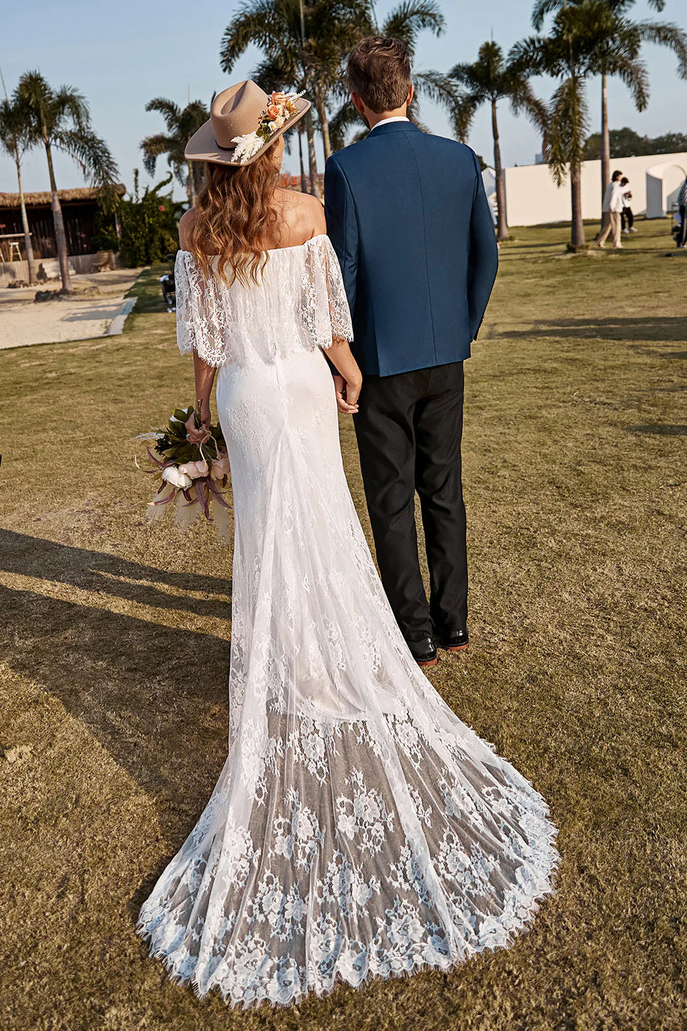Ivory Mermaid Off The Shoulder Lace Wedding Dress With Sweep Train
