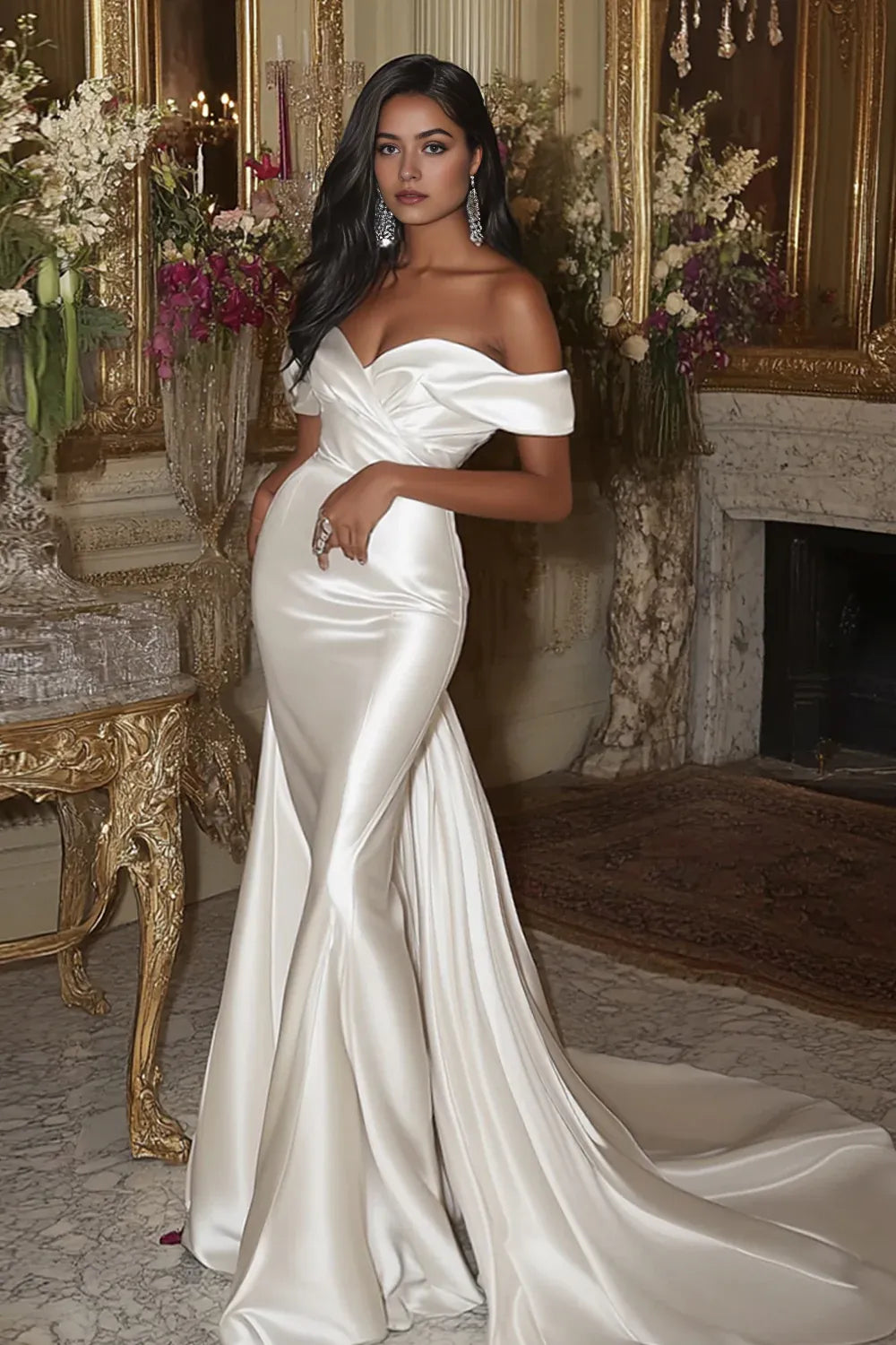 Ivory Mermaid Satin Detachable Sweep Strain Wedding Dress ﻿