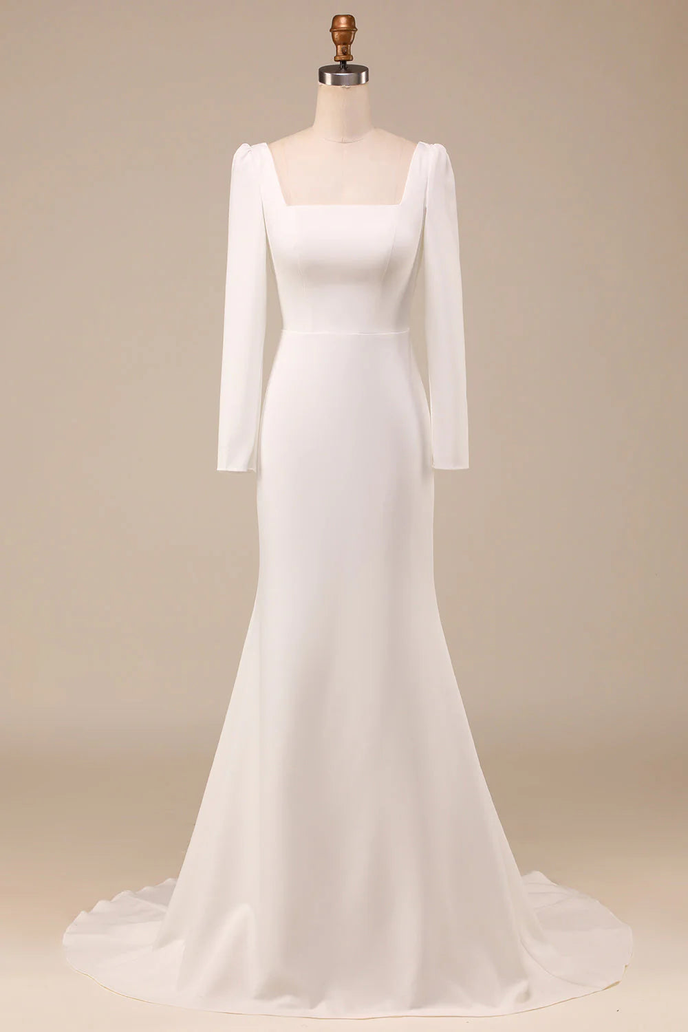 Ivory Mermaid Square Neck Bridal Dress With Long Sleeves ﻿