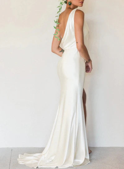 Ivory Satin Cowl Neck Wedding Dress with High Side Slit