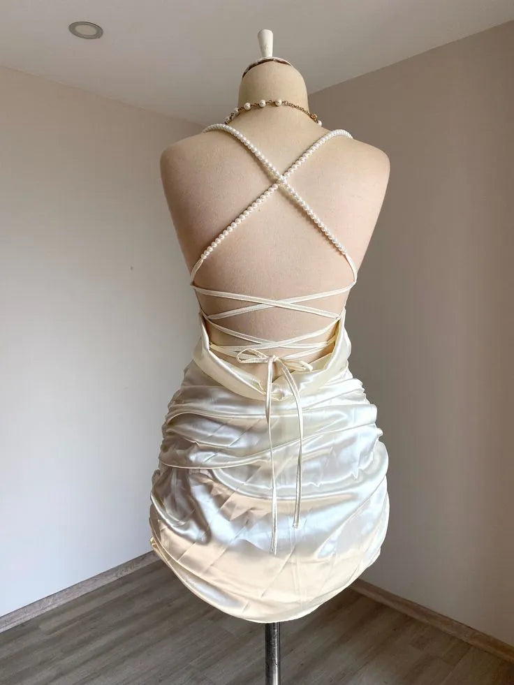 Ivory Satin Homecoming Dress with Pearl  Strap Neckline Ruched Bodice and Sweetheart Cut  Luxe Fabric for Elegant School Events