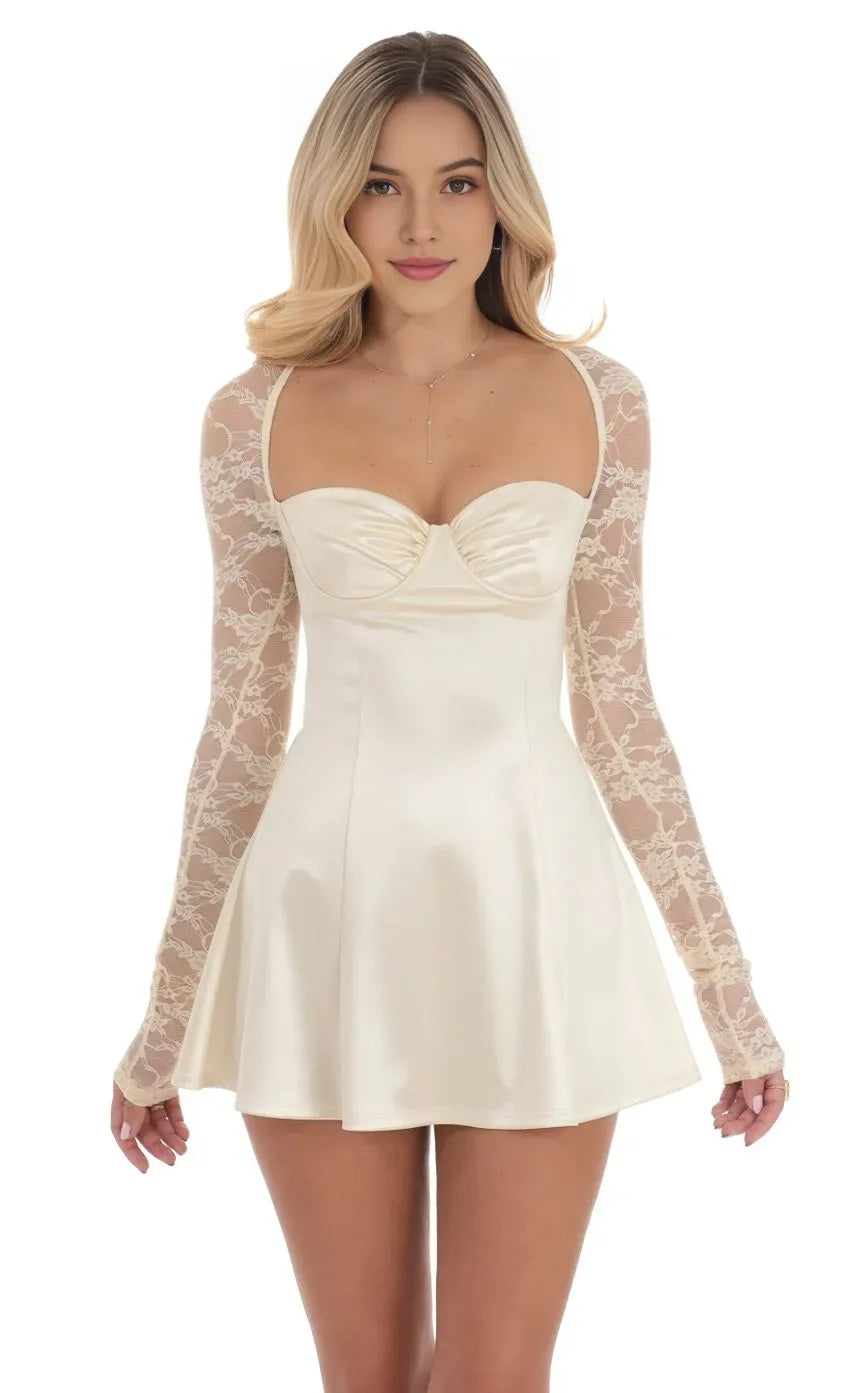 Ivory Satin  Lace Sleeved Homecoming Dress Sweetheart Neckline Flared Skirt  Luxe Textures for School Dance Glamour