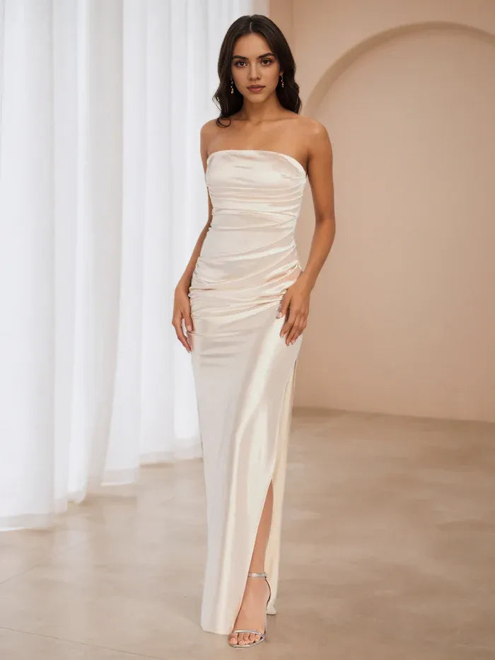 Ivory Satin Strapless Ruched Prom Dress with High Slit  Elegant Evening Gown for Formal Dances