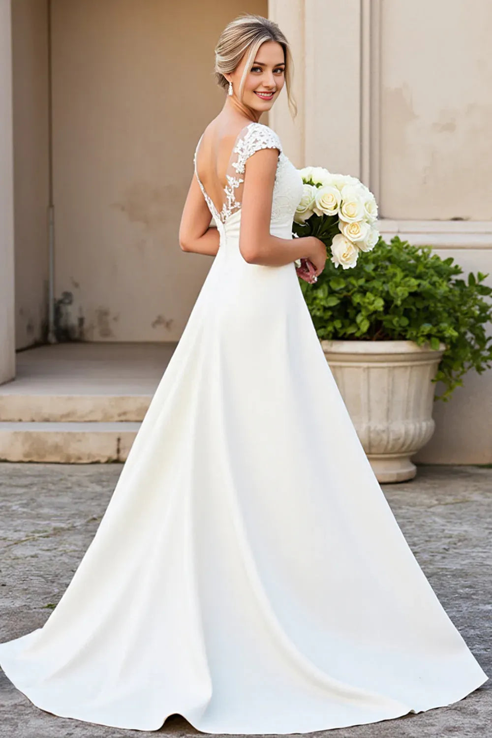 Ivory Satin V Neck A Line Sweep Train Wedding Dress with Appliques