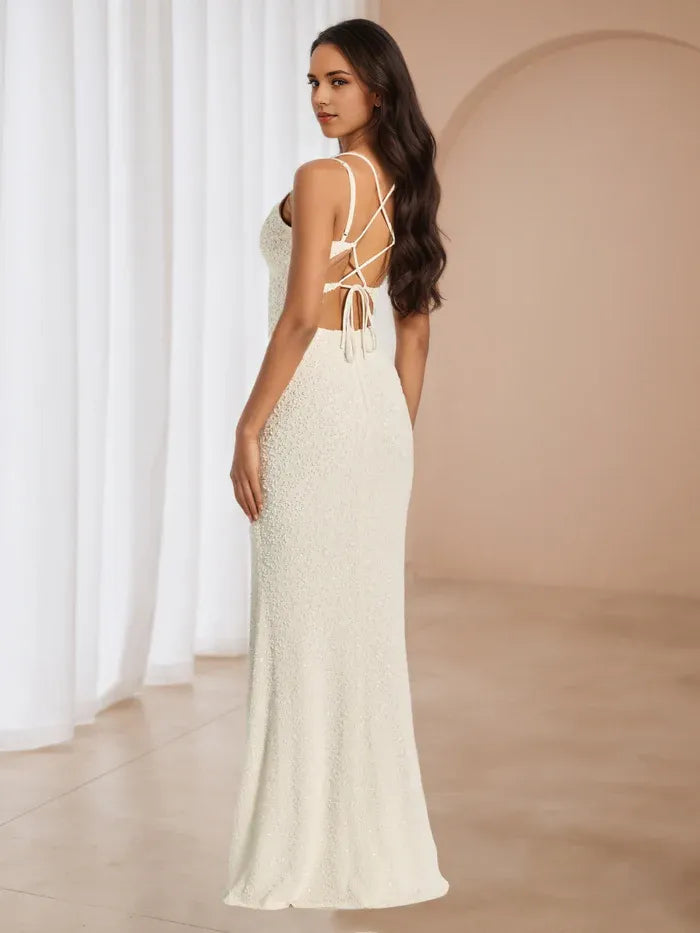 Ivory Sequin Prom Dress Plunge V - Neckline Spaghetti Straps  Mermaid Fit for Timeless Gala Sparkle