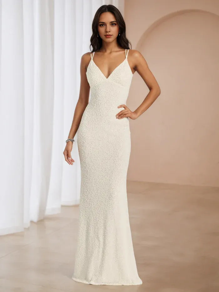 Ivory Sequin Prom Dress Plunge V - Neckline Spaghetti Straps  Mermaid Fit for Timeless Gala Sparkle