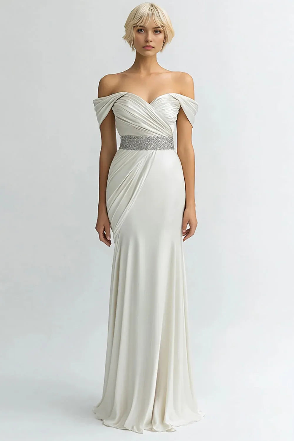 Ivory Sheath Off the Shoulder Long Satin Evening Dress