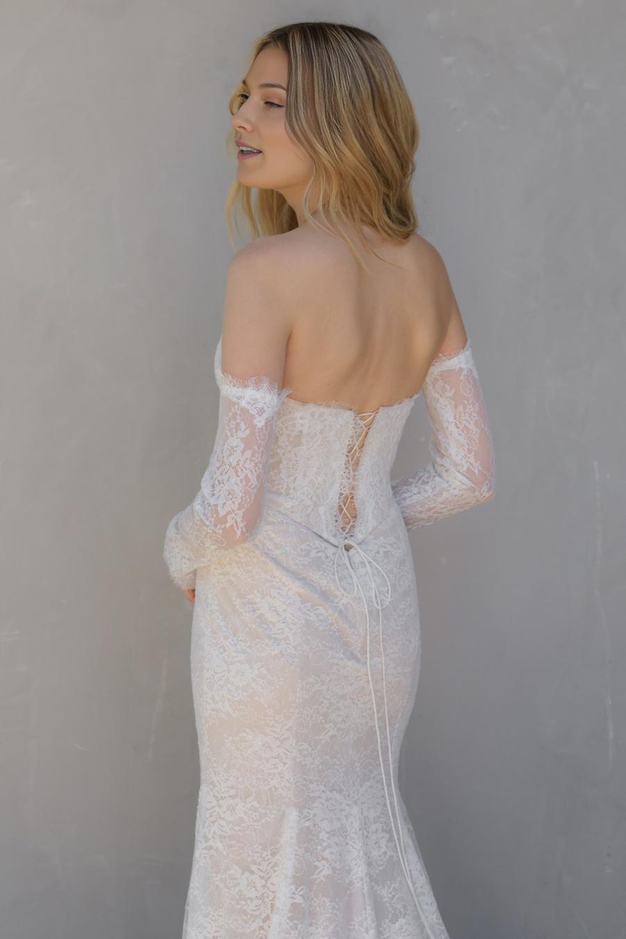 Ivory Unique Wedding Dresses  with Off - Shoulder Neckline Plunging V - Lace Bodice Sheer Long Sleeves
